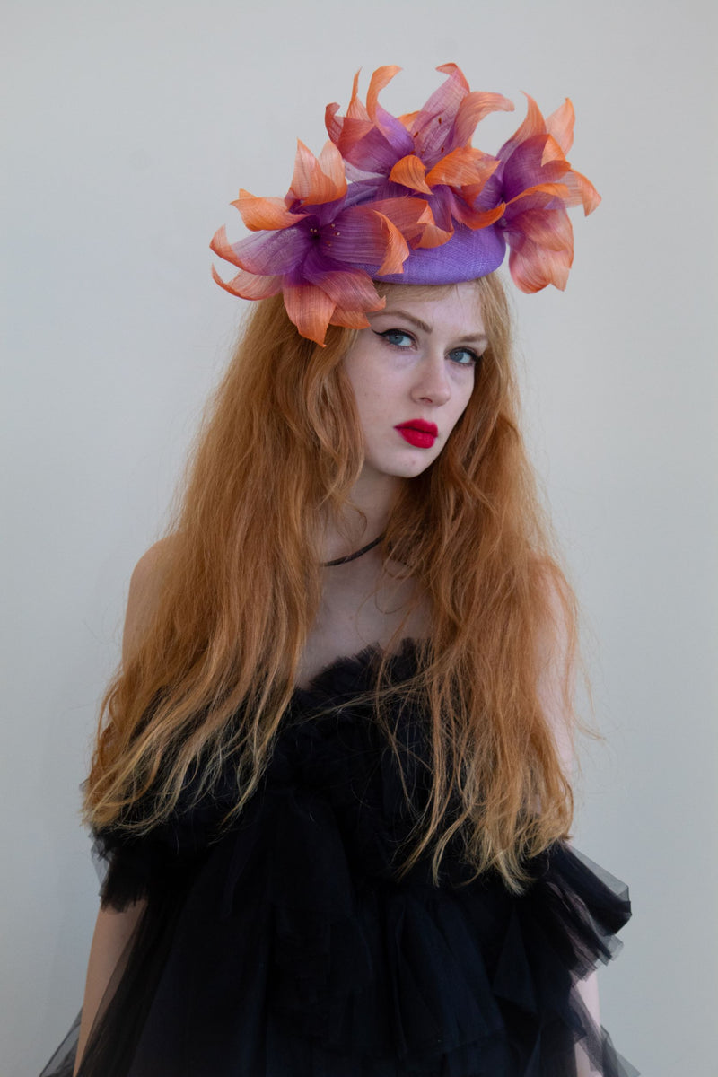 Pillbox with Pleated Flowers Fascinator - Orange main image 1