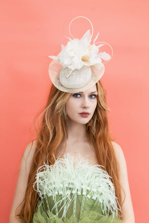 Ivory Pillbox Fascinator with Feather Detail