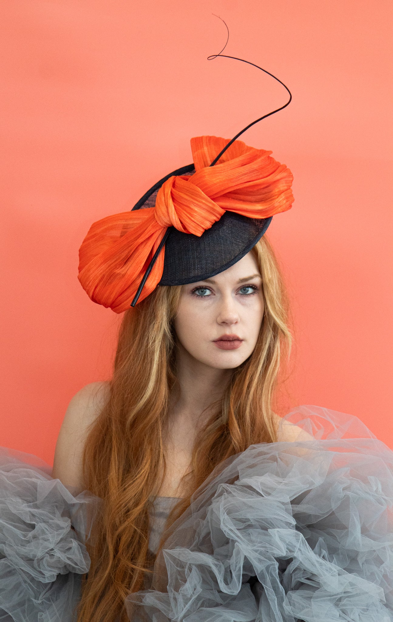 Navy Saucer Hatinator/Fascinator with Orange Silk Abaca Bow