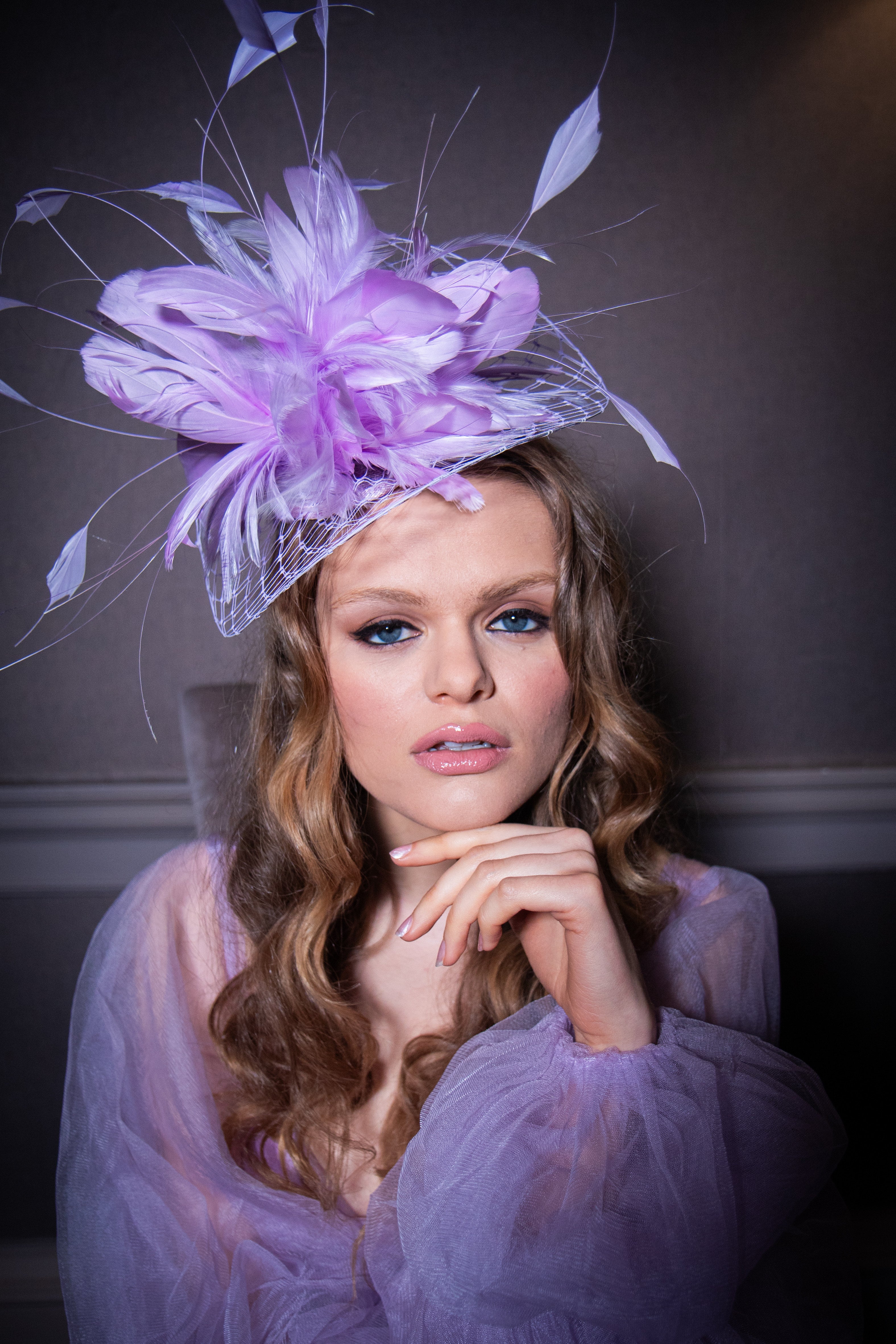 SUZIE - Lilac Veiled Brim Feathered Fascinator