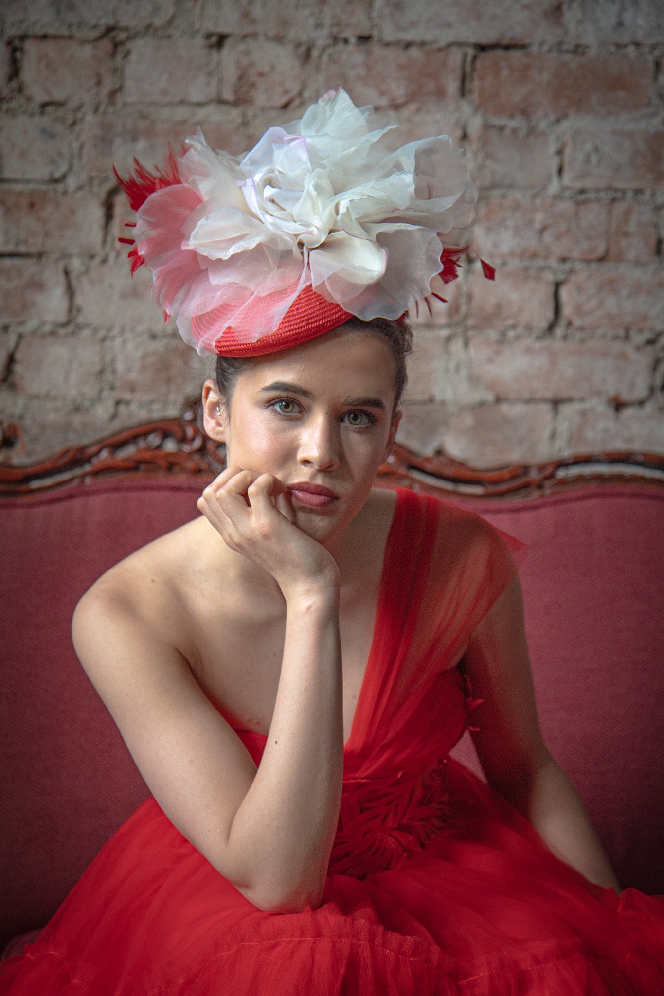 Red and Ivory Floral Pillbox Fascinator