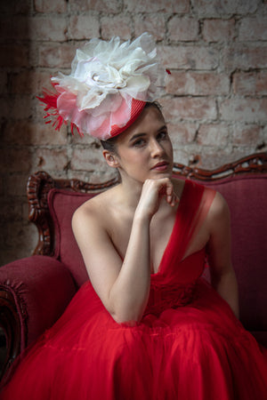 Red and Ivory Floral Pillbox Fascinator