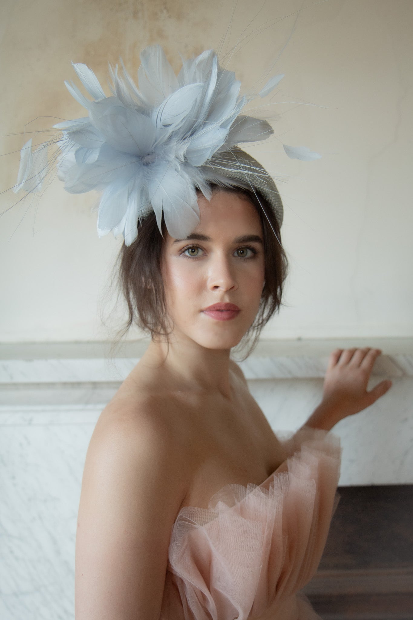 MAGGIE - Baby Blue Large Bandeau Headpiece with Feather Detail