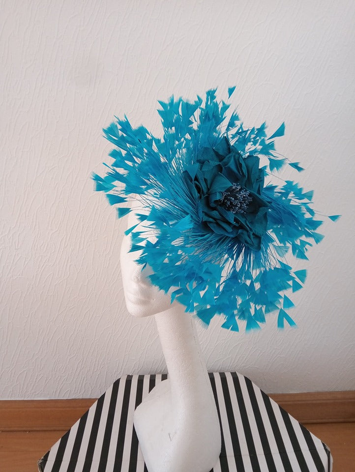 Bright Teal Silk Flower Feathered Fascinator