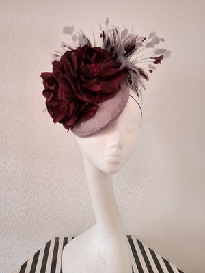 Grey and Burgundy Floral Button Fascinator