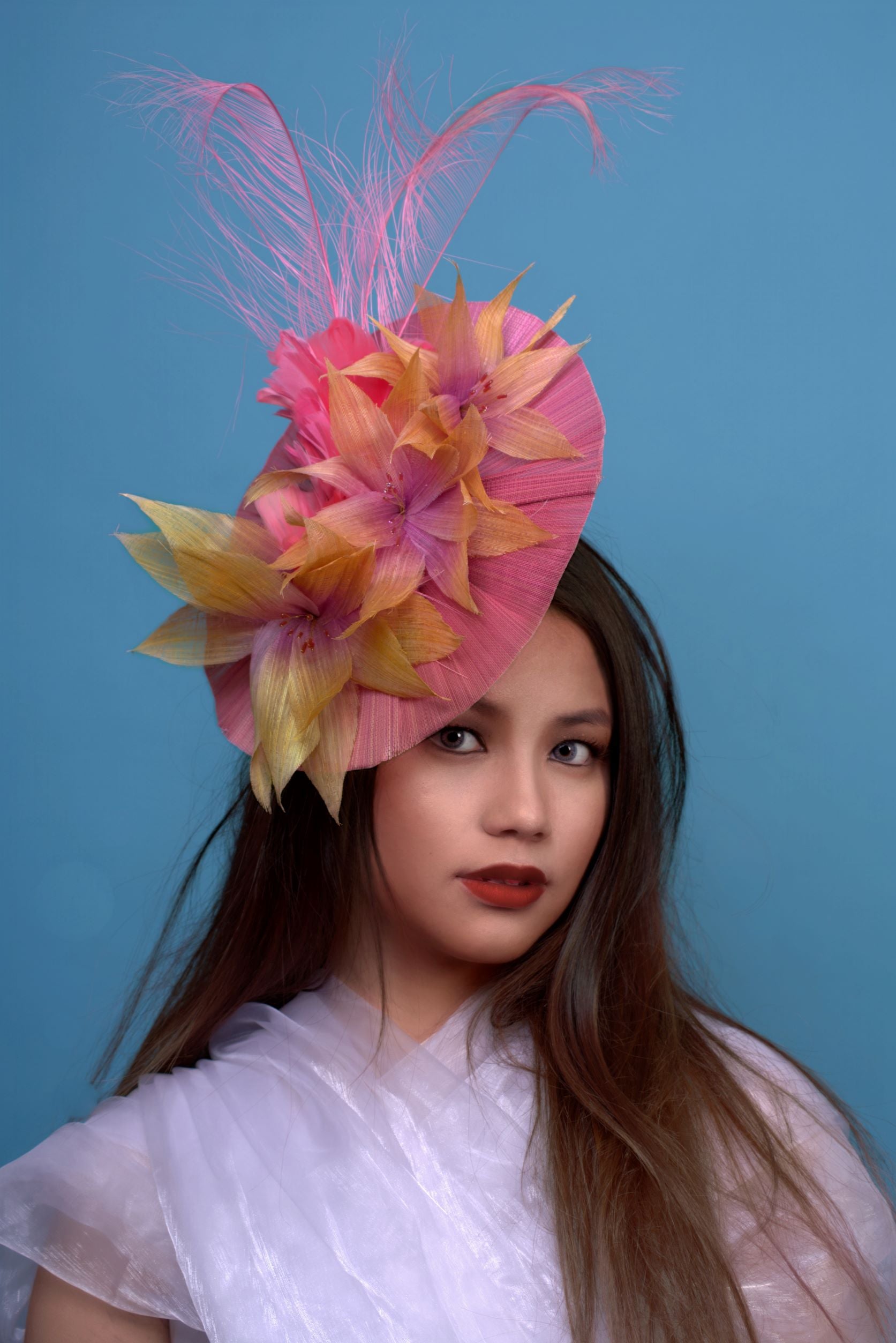 Pink, Coral and Yellow Silk Abaca Painted Floral Headpiece.