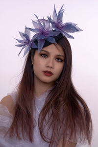 Navy Pillbox with Blue and Purple Painted Silk Abaca Flowers