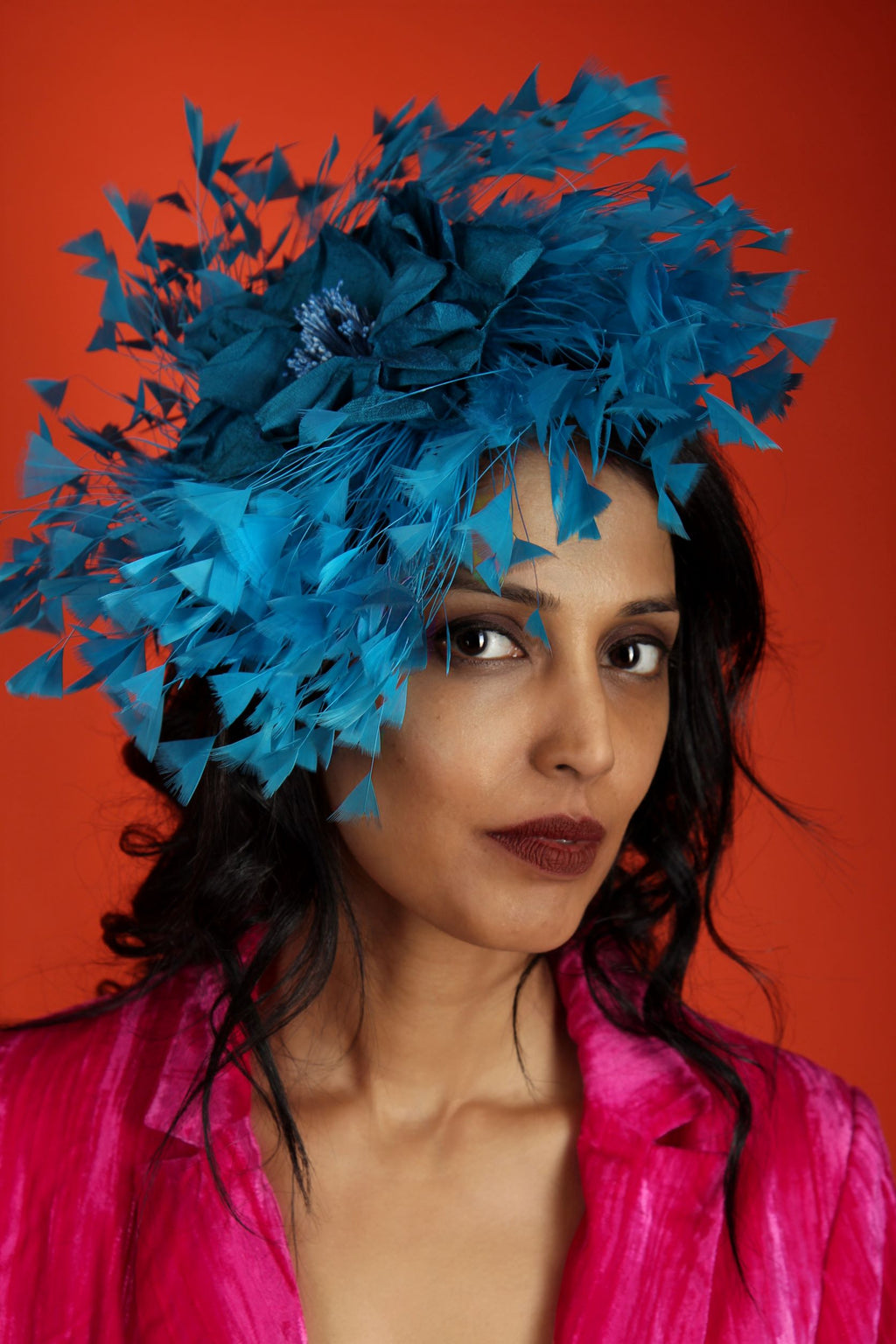 Bright Teal Silk Flower Feathered Fascinator