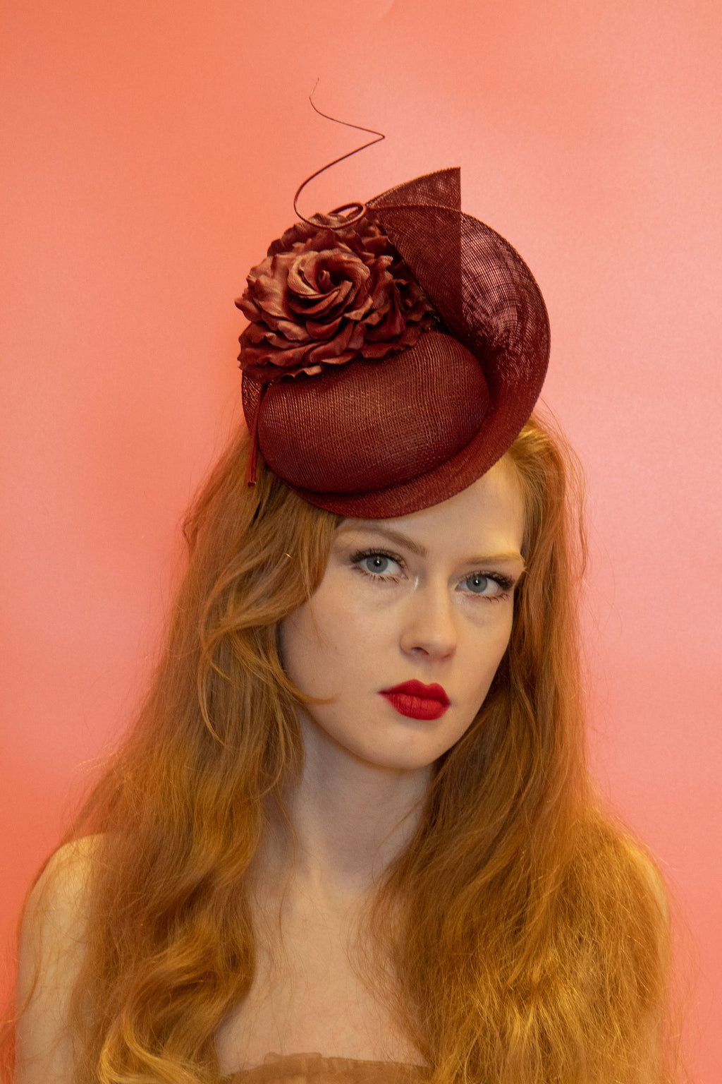 Burgundy Leather Flower Pillbox Fascinator