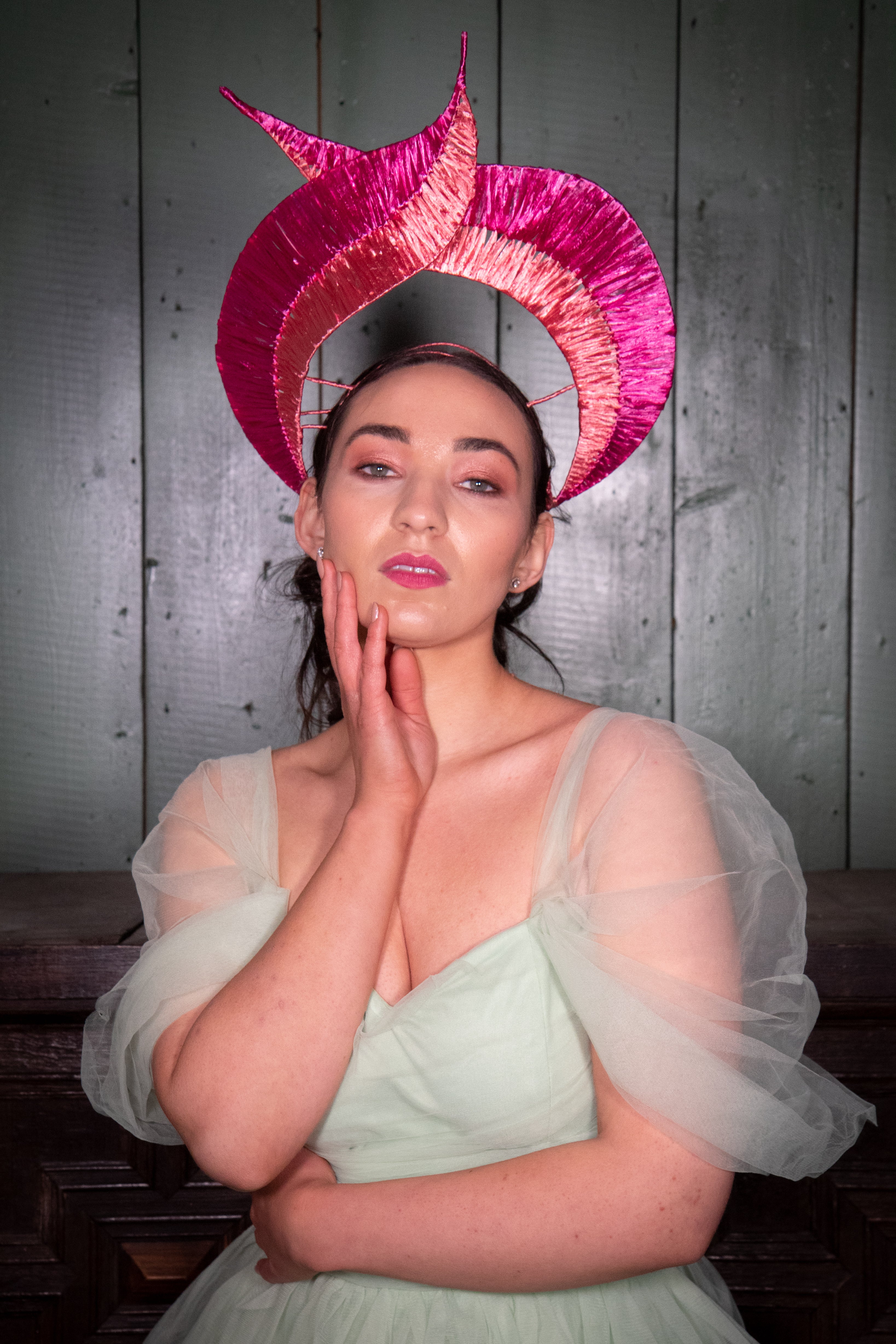 Metalic Pink and Coral Sculptured Wired Raffia Headpiece