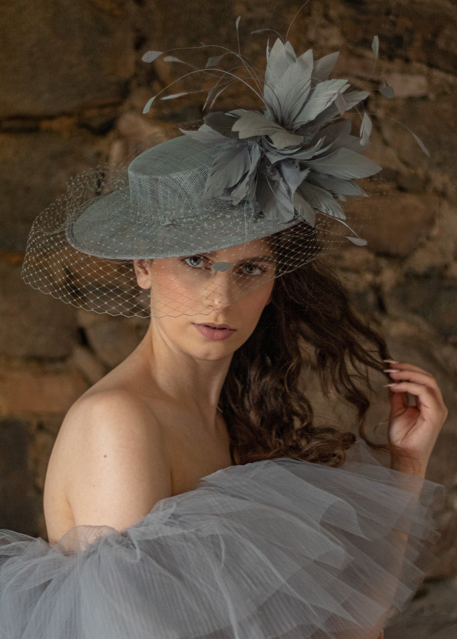 Pewter Grey Veiled Boater Hat