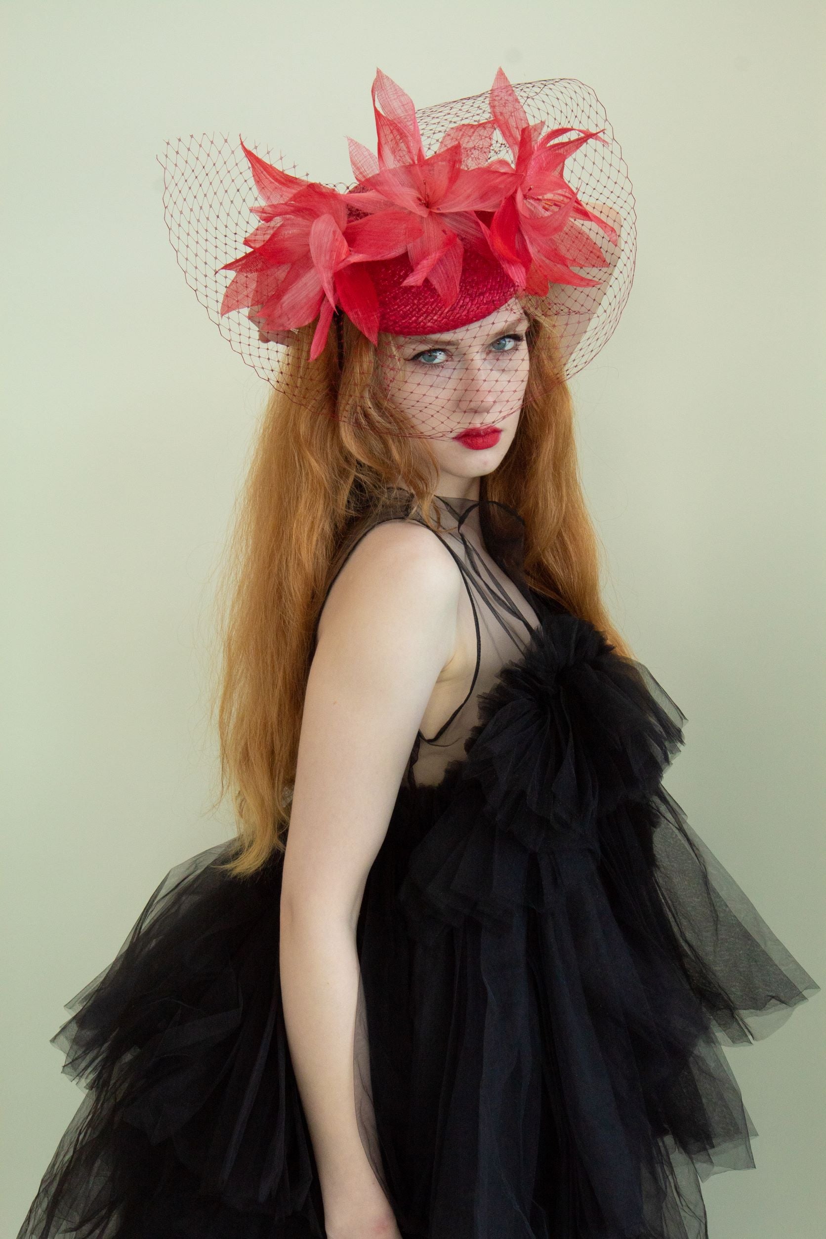 Raspberry and Pink Silk Floral Pillbox Fascinator with Veiling